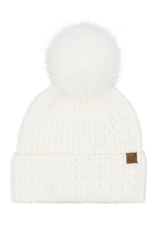 C.C Cable Pom With Pearl Embellishments Beanie