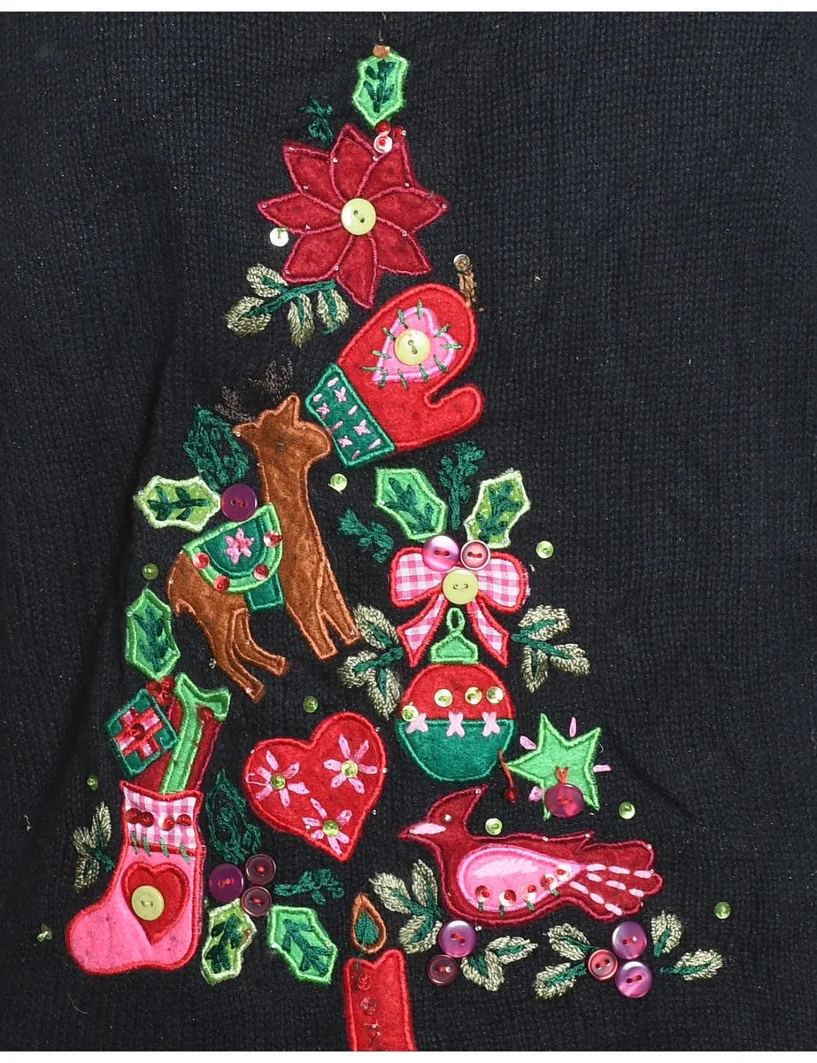 Christmas Tree Design Black Christmas Jumper - M