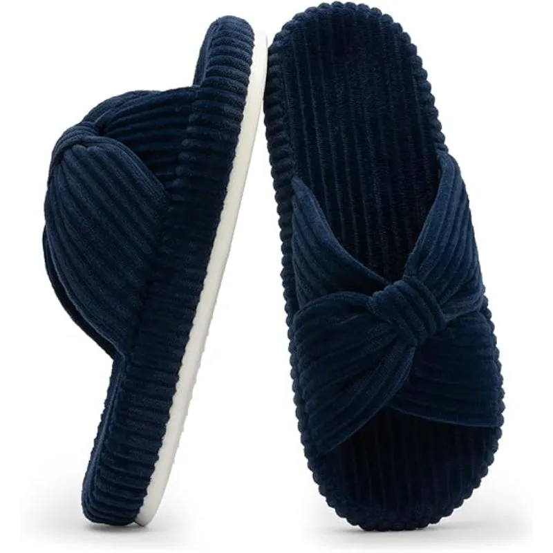 Comfy Corduroy Bow Crossbands Slip On Slippers