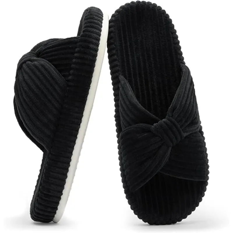 Comfy Corduroy Bow Crossbands Slip On Slippers