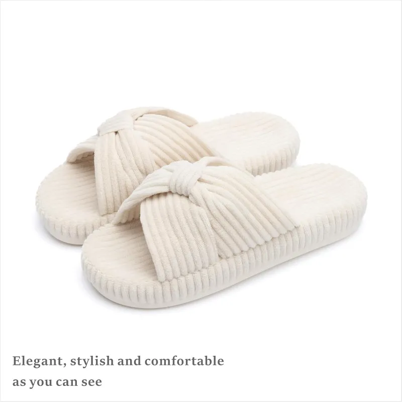 Comfy Corduroy Bow Crossbands Slip On Slippers