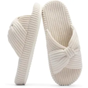 Comfy Corduroy Bow Crossbands Slip On Slippers