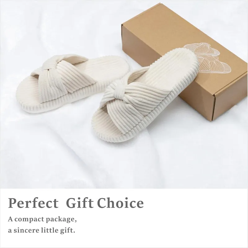 Comfy Corduroy Bow Crossbands Slip On Slippers