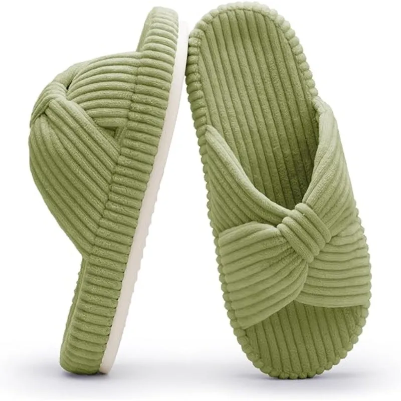 Comfy Corduroy Bow Crossbands Slip On Slippers