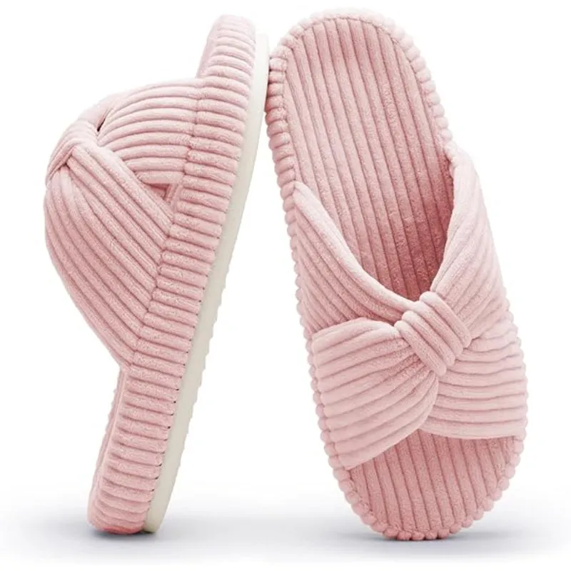 Comfy Corduroy Bow Crossbands Slip On Slippers