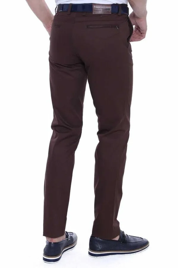 Cotton Slim Fit Washed Fabric Brown Men Pants - Wessi