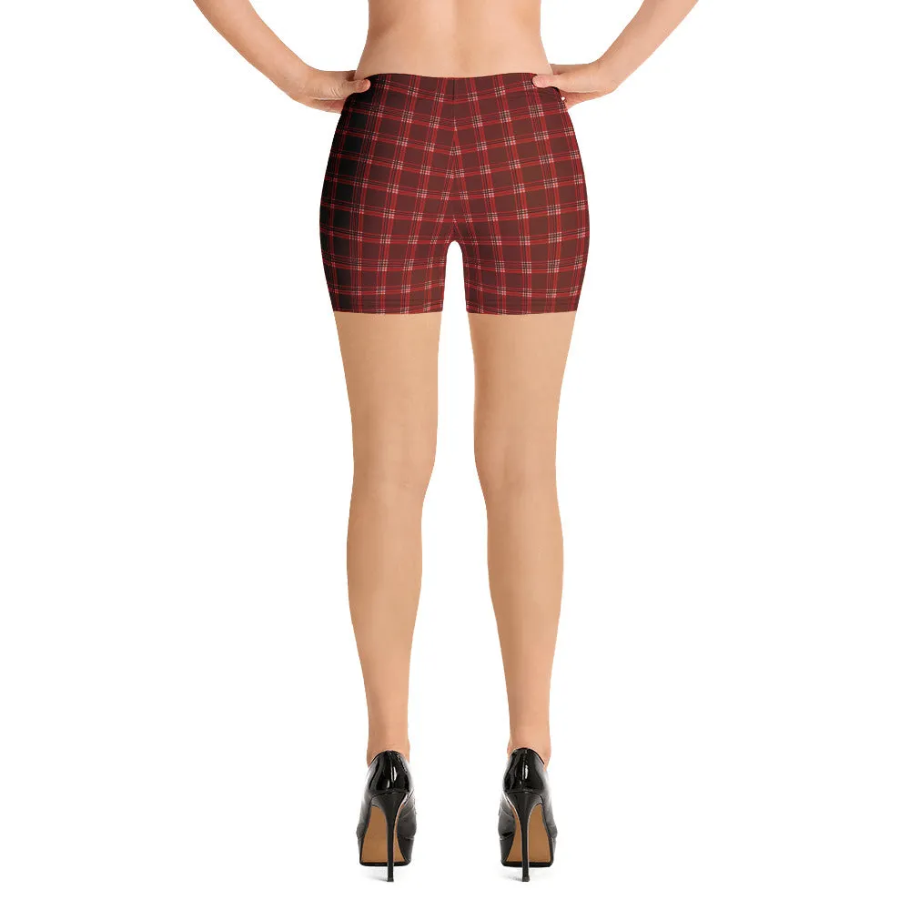 Dark Red Plaid Shorts, Tartan Print Traditional Women's Fitness Short Tights-Made in USA/EU