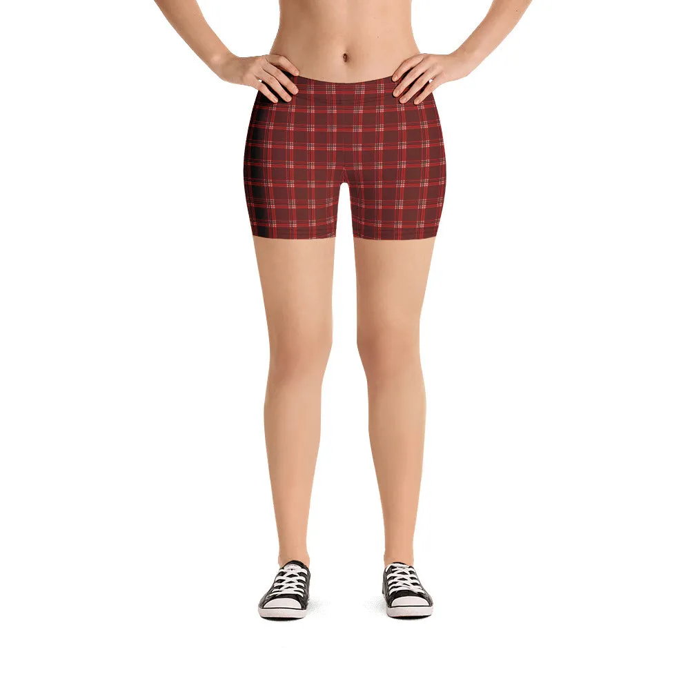 Dark Red Plaid Shorts, Tartan Print Traditional Women's Fitness Short Tights-Made in USA/EU