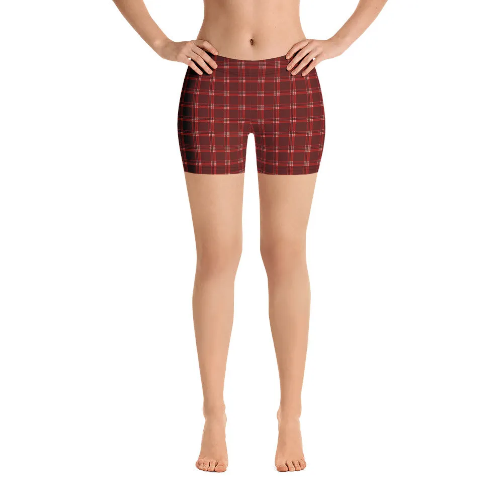 Dark Red Plaid Shorts, Tartan Print Traditional Women's Fitness Short Tights-Made in USA/EU