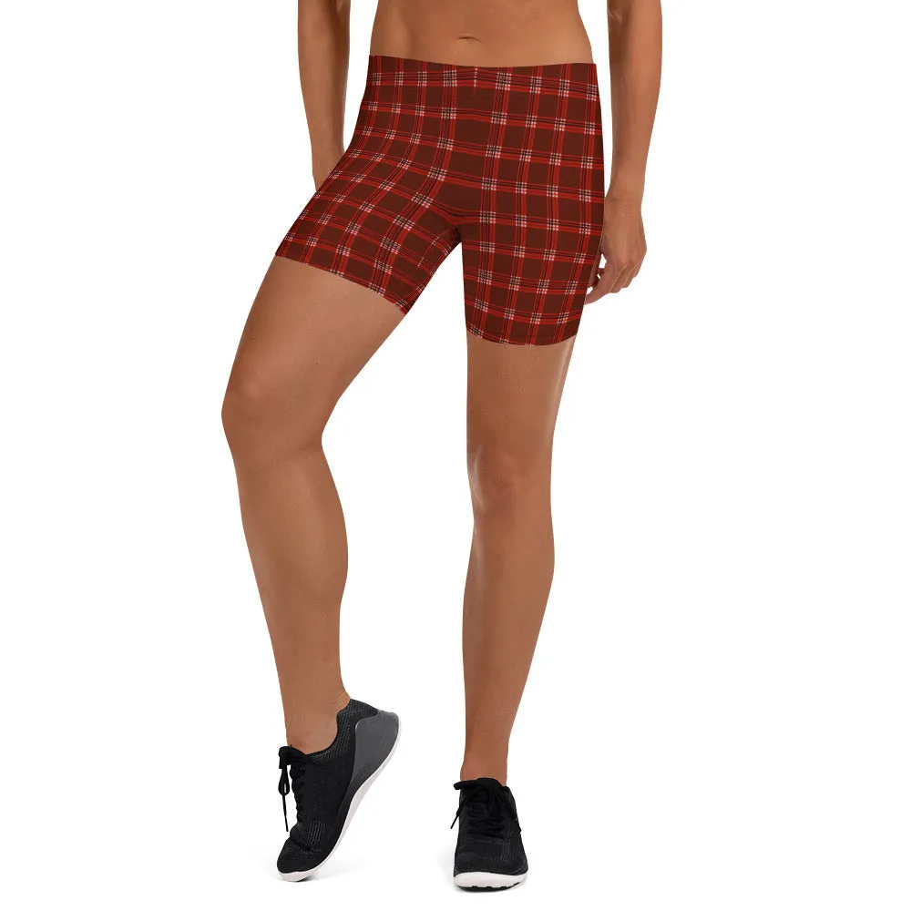 Dark Red Plaid Shorts, Tartan Print Traditional Women's Fitness Short Tights-Made in USA/EU