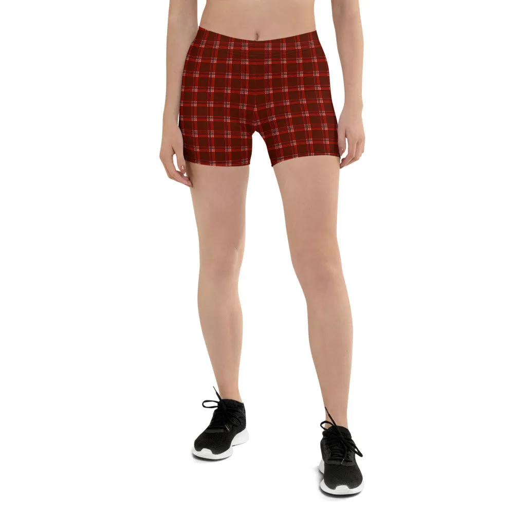 Dark Red Plaid Shorts, Tartan Print Traditional Women's Fitness Short Tights-Made in USA/EU