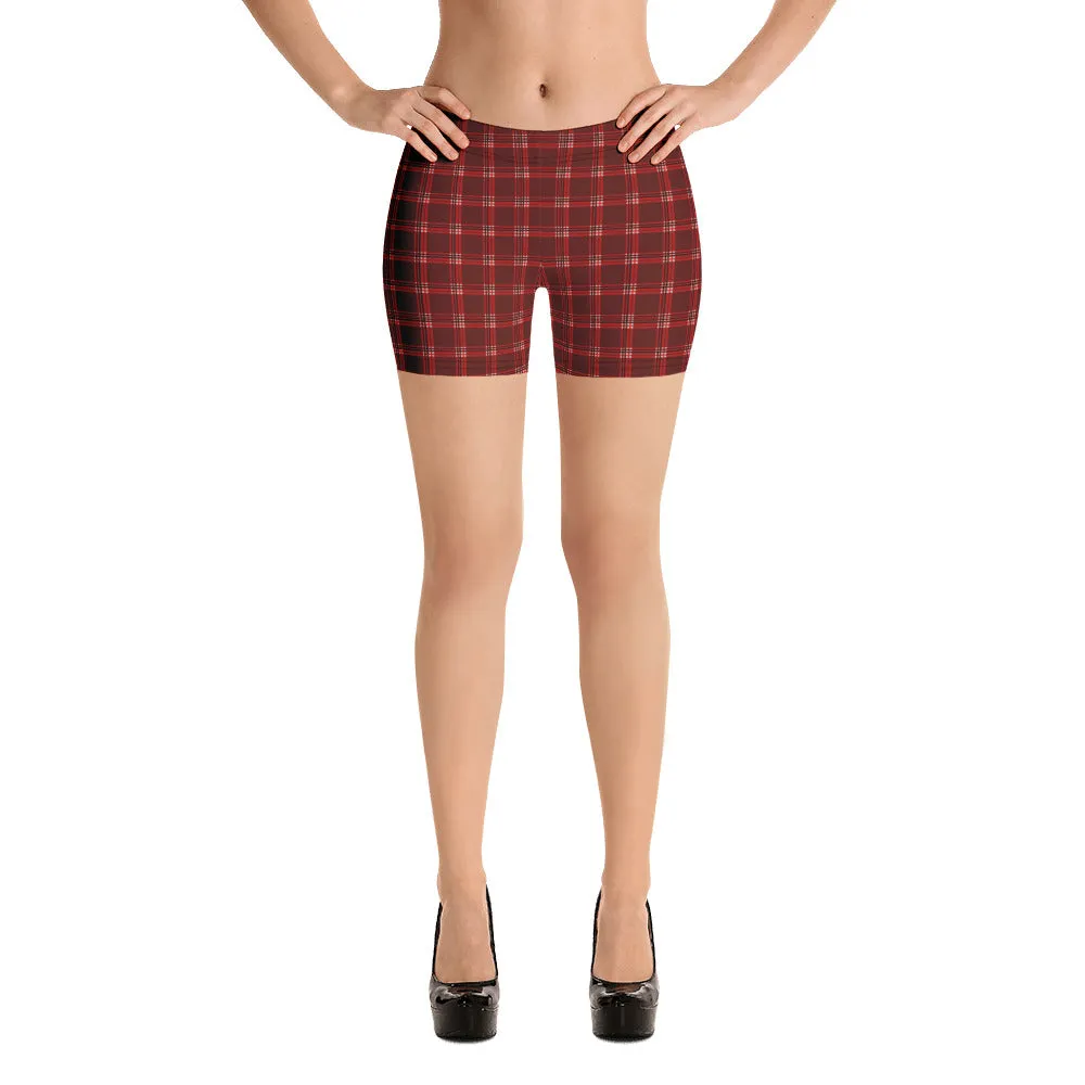 Dark Red Plaid Shorts, Tartan Print Traditional Women's Fitness Short Tights-Made in USA/EU