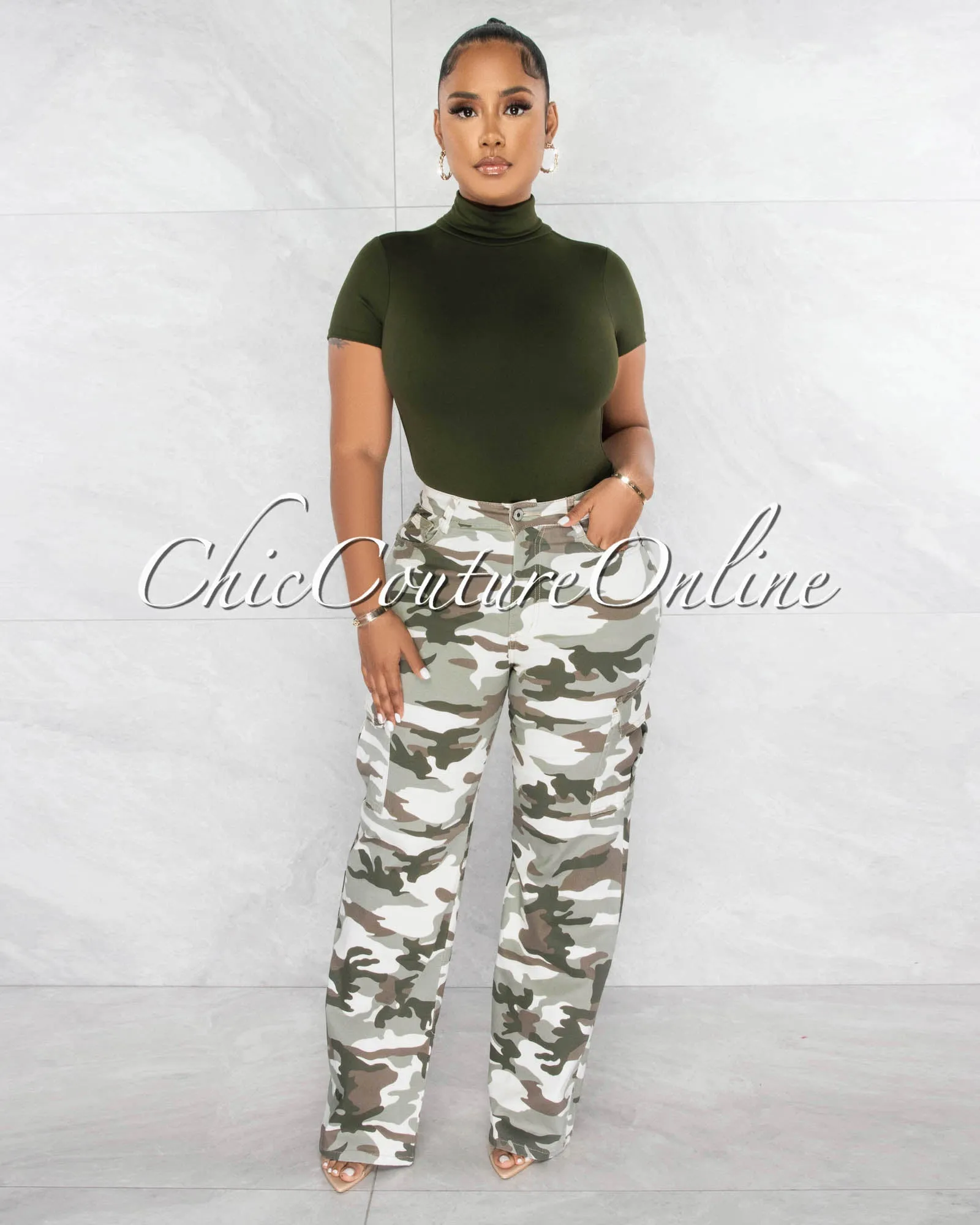 *Delyna Camo Cargo Wide Denim Pants