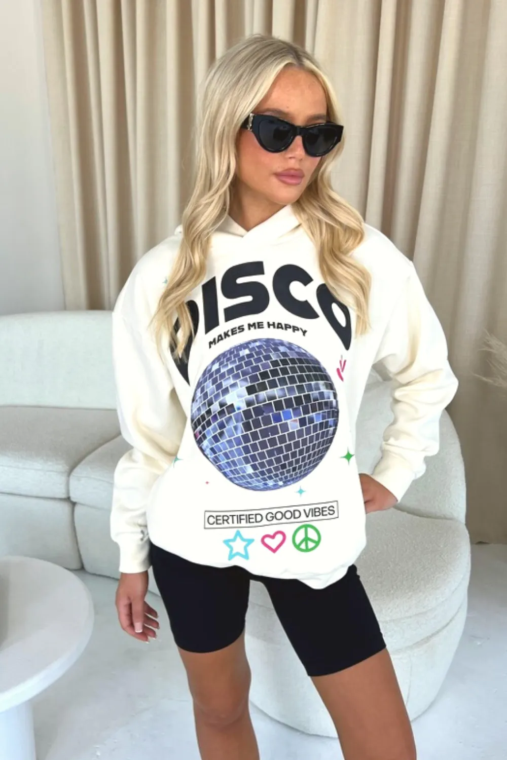 disco makes me happy ecru printed premium hoodie