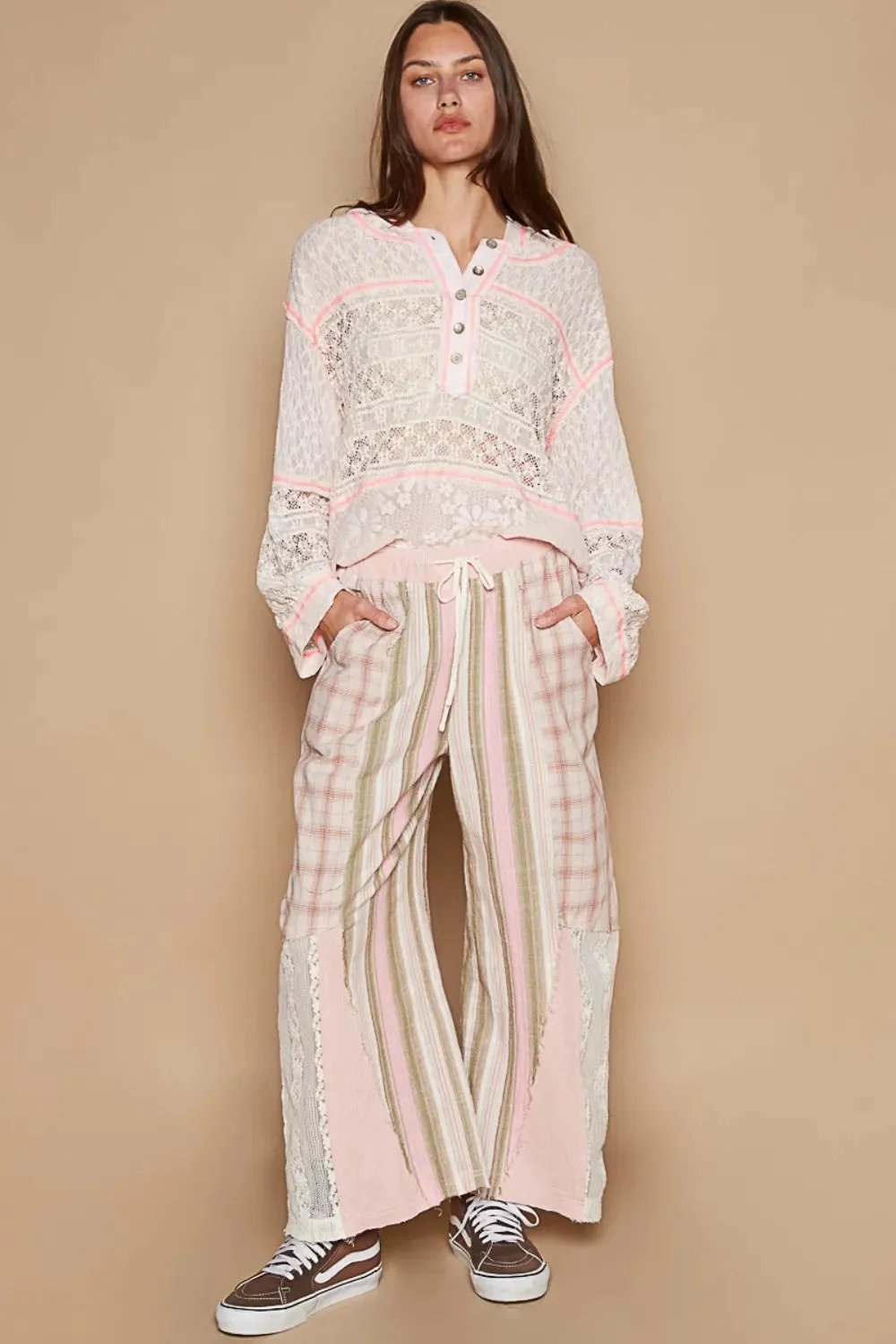 Drawstring Plaid Print Lace Straight Pants