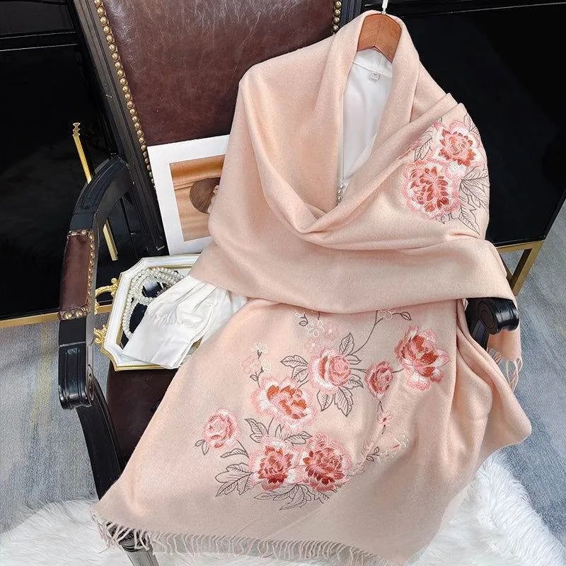 Embroidery 100% Pure Cashmere Scarf Pink Lotus 200x60 cm