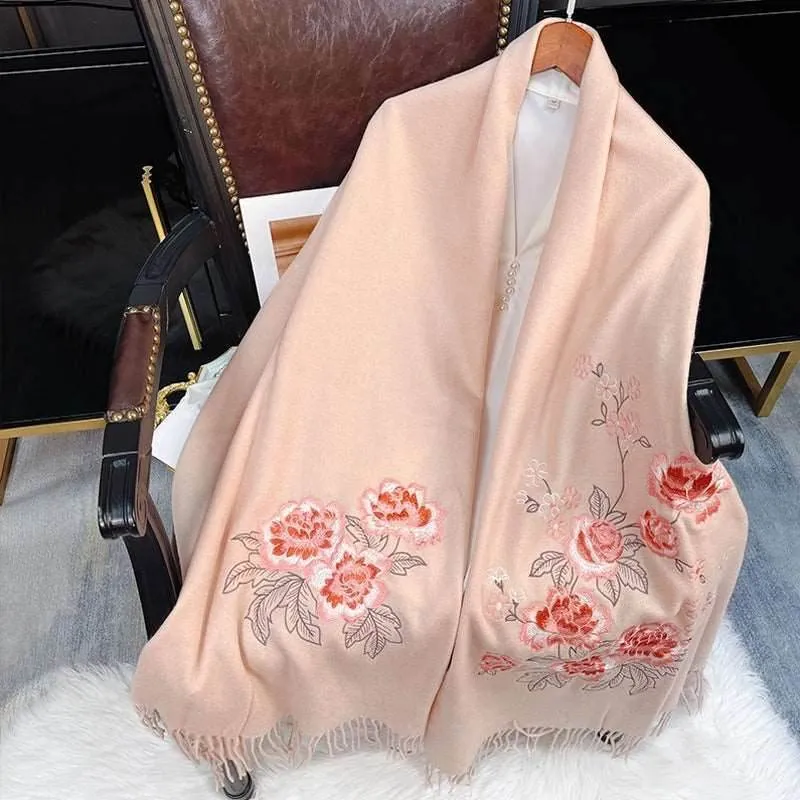 Embroidery 100% Pure Cashmere Scarf Pink Lotus 200x60 cm