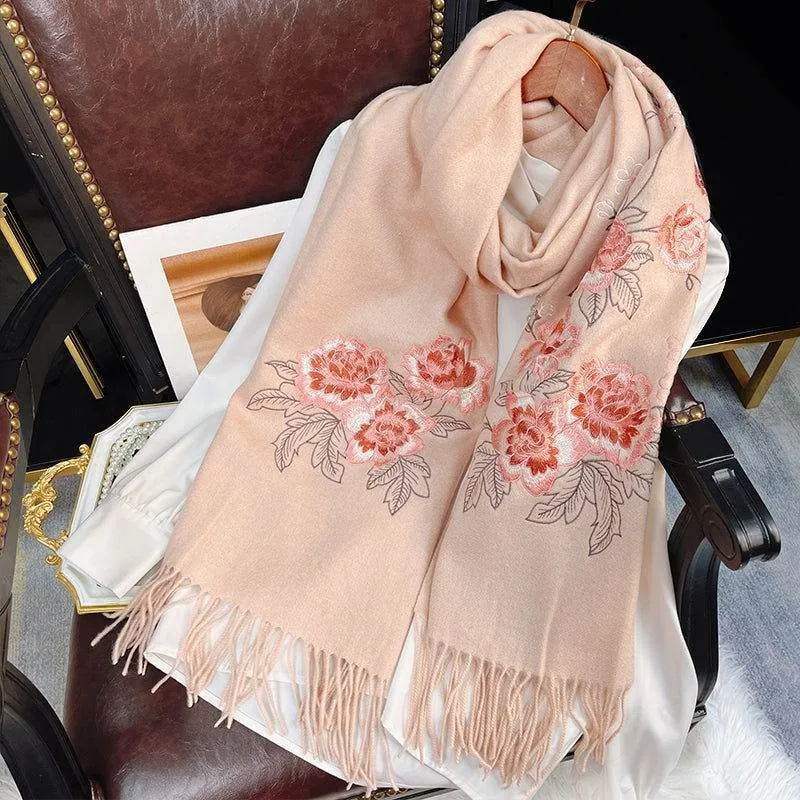 Embroidery 100% Pure Cashmere Scarf Pink Lotus 200x60 cm