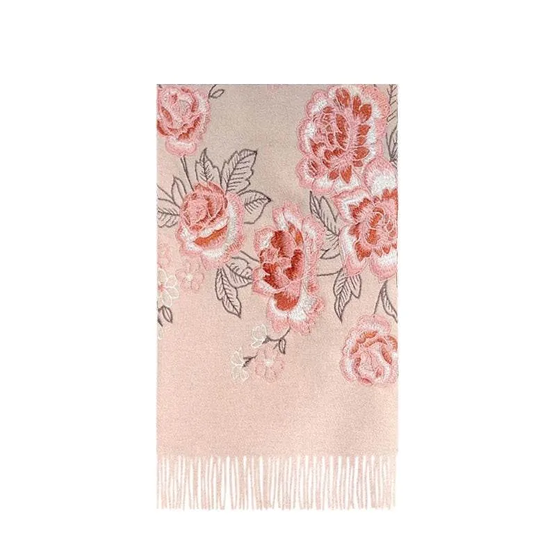 Embroidery 100% Pure Cashmere Scarf Pink Lotus 200x60 cm