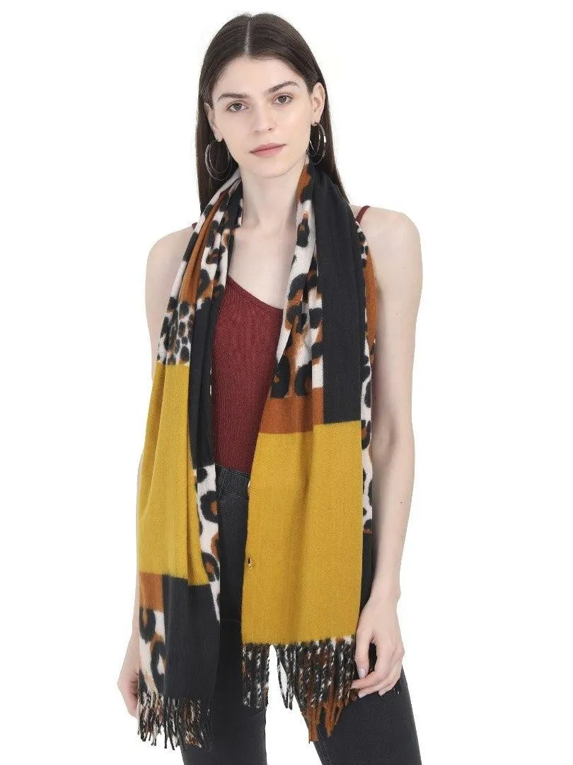 FabSeasons Yellow Leopard Printed Acrylic Woolen Scarf For Women