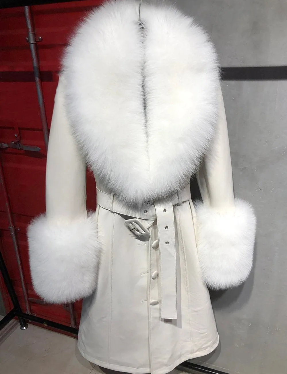 Faux Fur Genuine Leather Coat In White