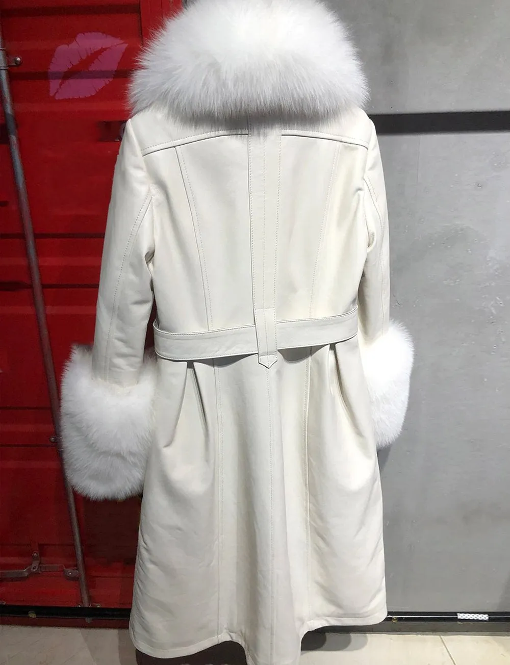 Faux Fur Genuine Leather Coat In White