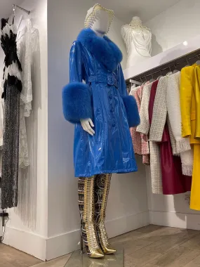 Faux Fur Patent Leather Coat in Blue