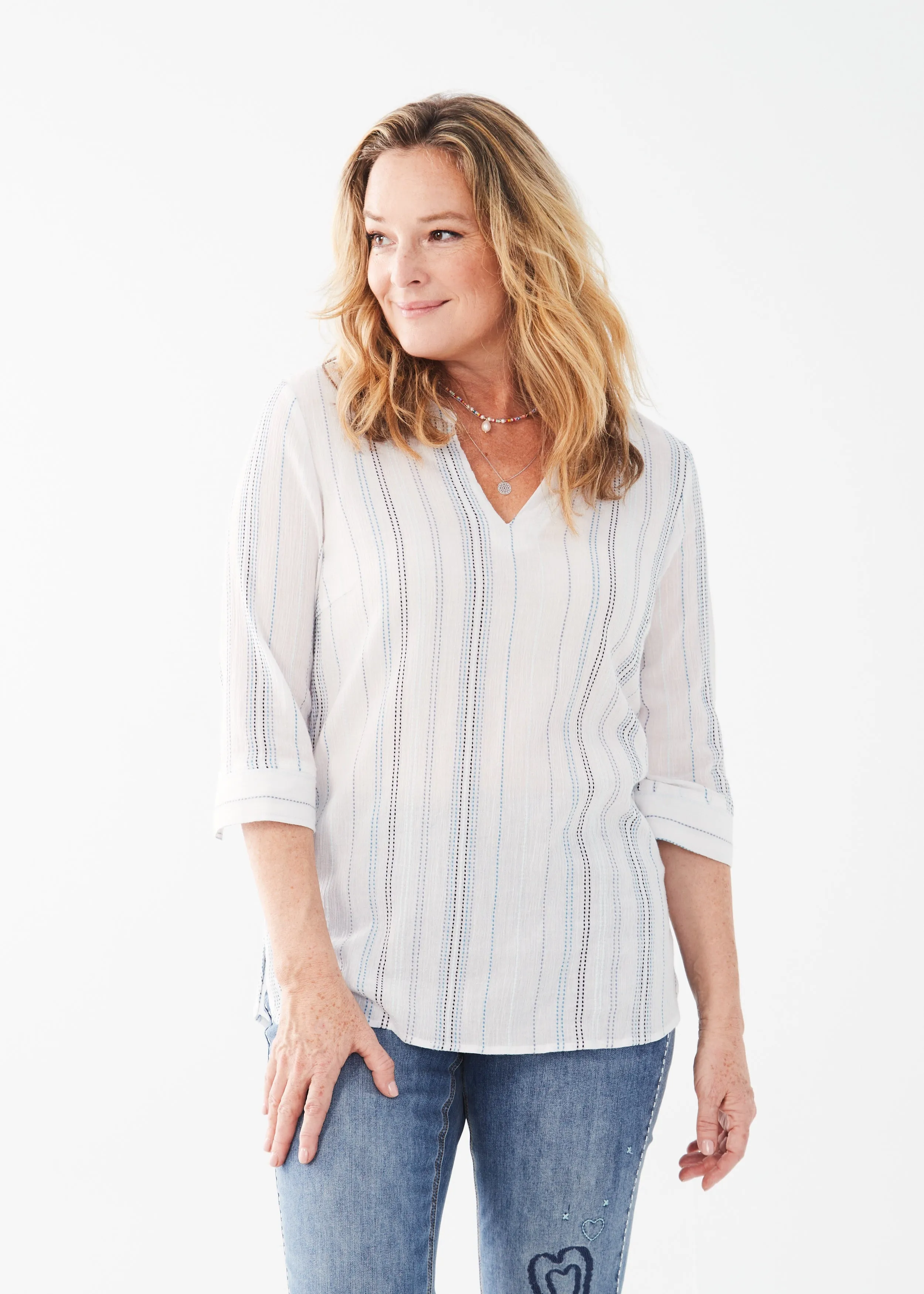 FDJ Striped Popover Tunic 7303887-BLUSTR Blue Stripe