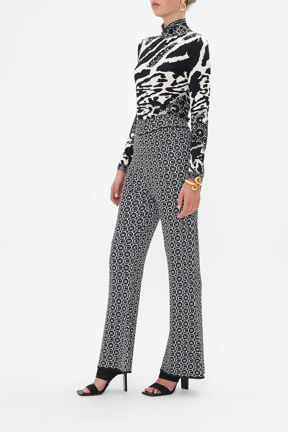 FLARED JACQUARD KNIT PANT FELINE FANTASY