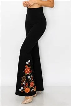 FLORAL EMBROIDERED BLACK FLARED LEGGING