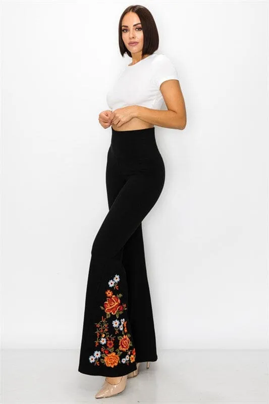 FLORAL EMBROIDERED BLACK FLARED LEGGING