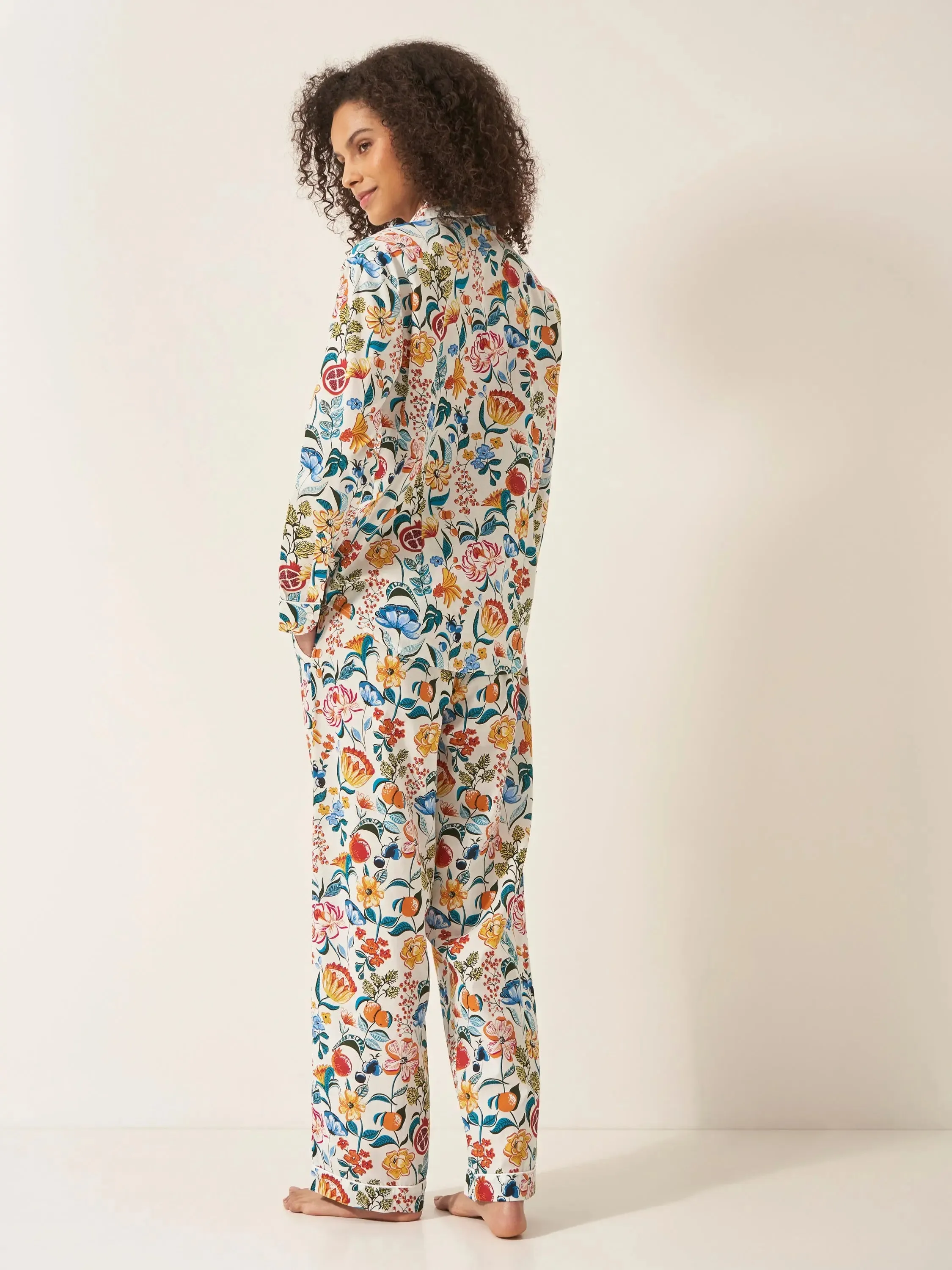 Florals on White Women's Long Sleeve Organic Cotton Pyjama Trouser Set