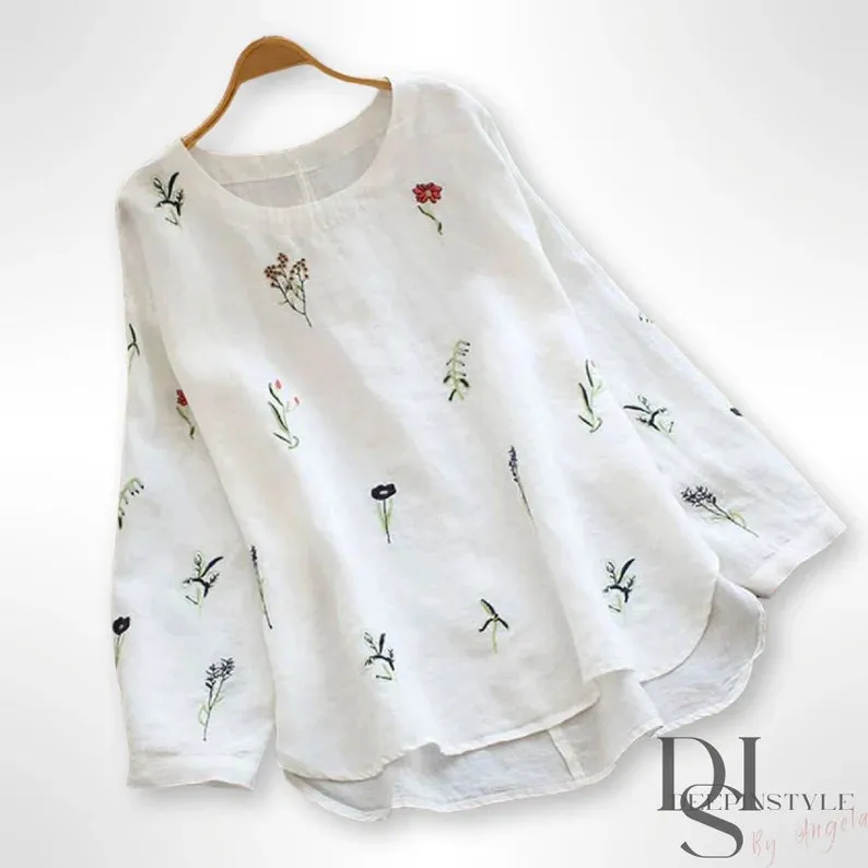 Flower Embroidered Tunic Women's Top Vintage Blouse Long Sleeve Shirts  S4100377