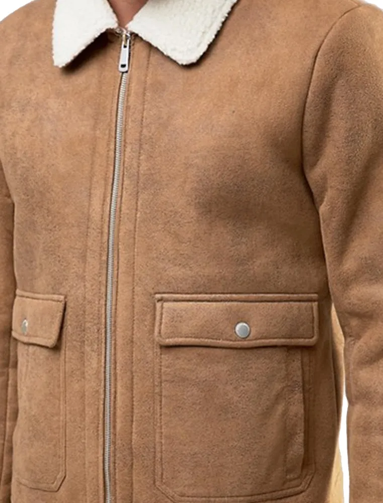 Floyd Faux Suede Fur Lined Aviator Jacket in Camel