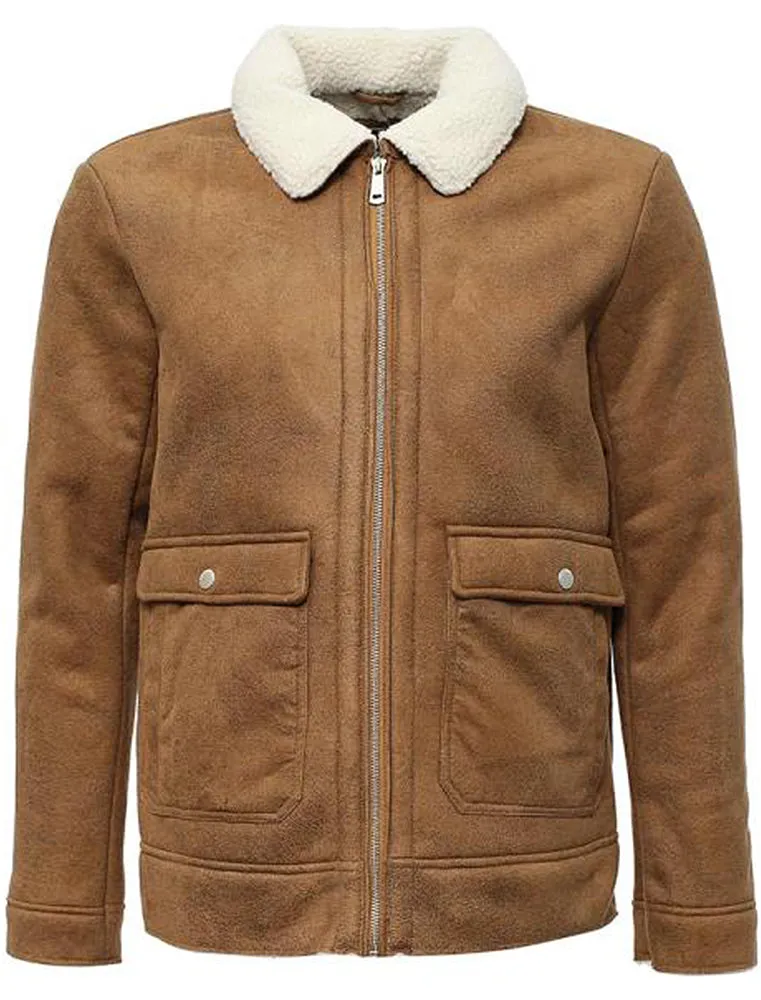 Floyd Faux Suede Fur Lined Aviator Jacket in Camel