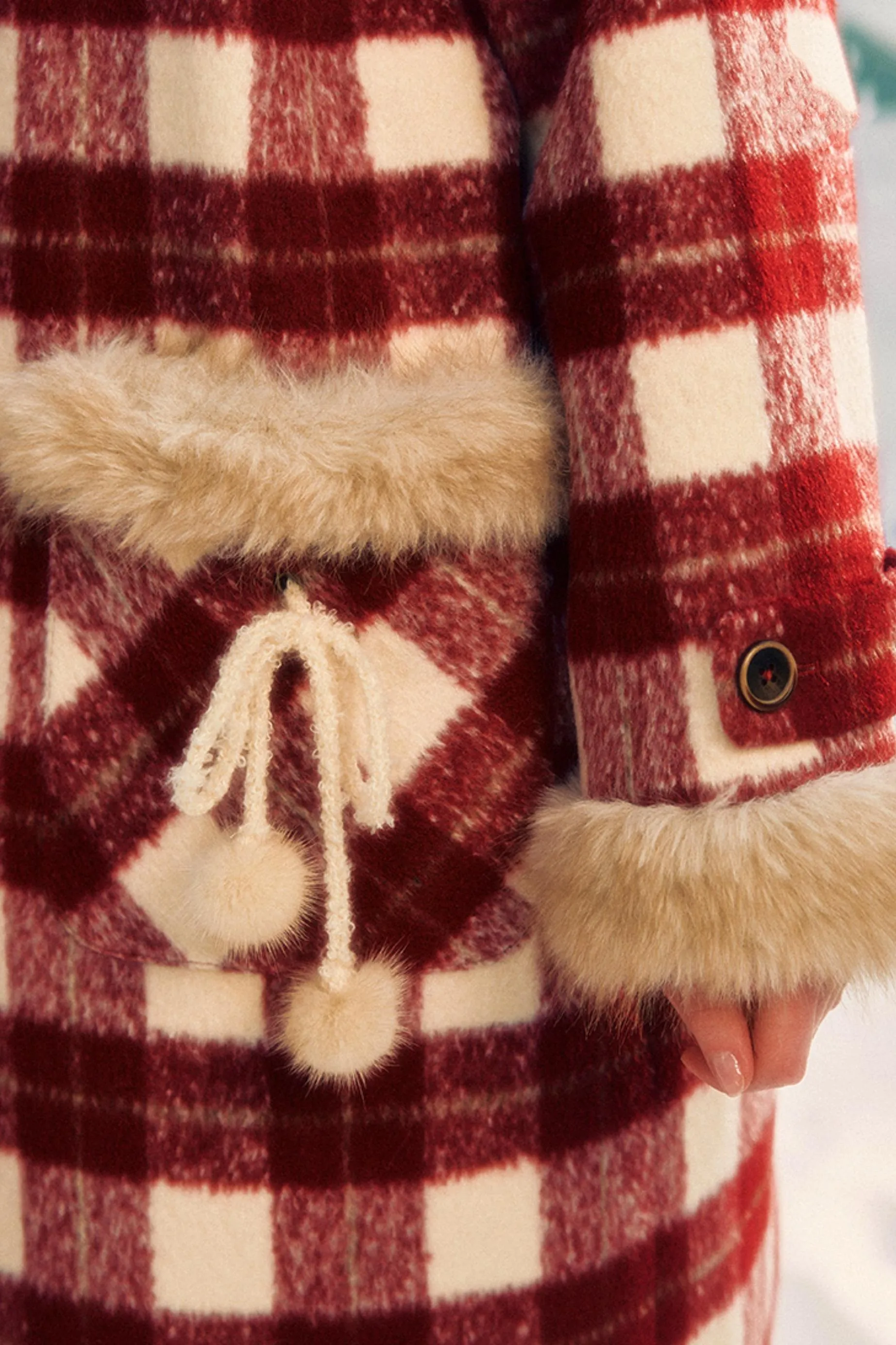 Fur Collar Tartan Hooded Coat