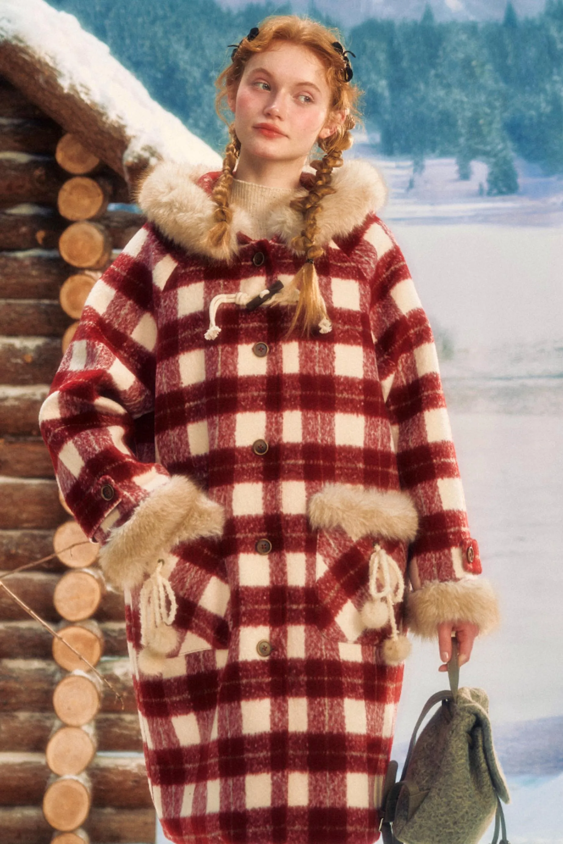 Fur Collar Tartan Hooded Coat