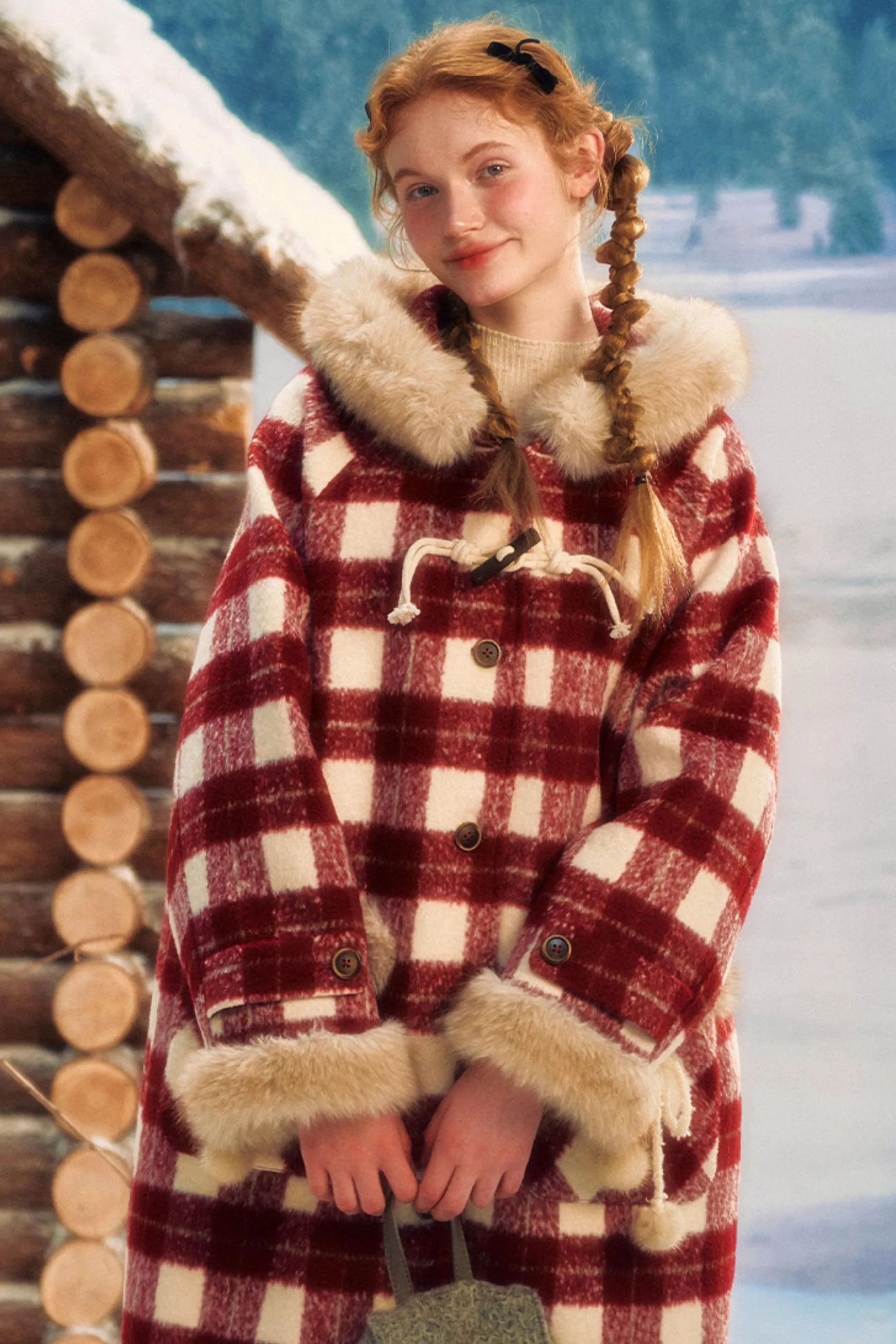 Fur Collar Tartan Hooded Coat