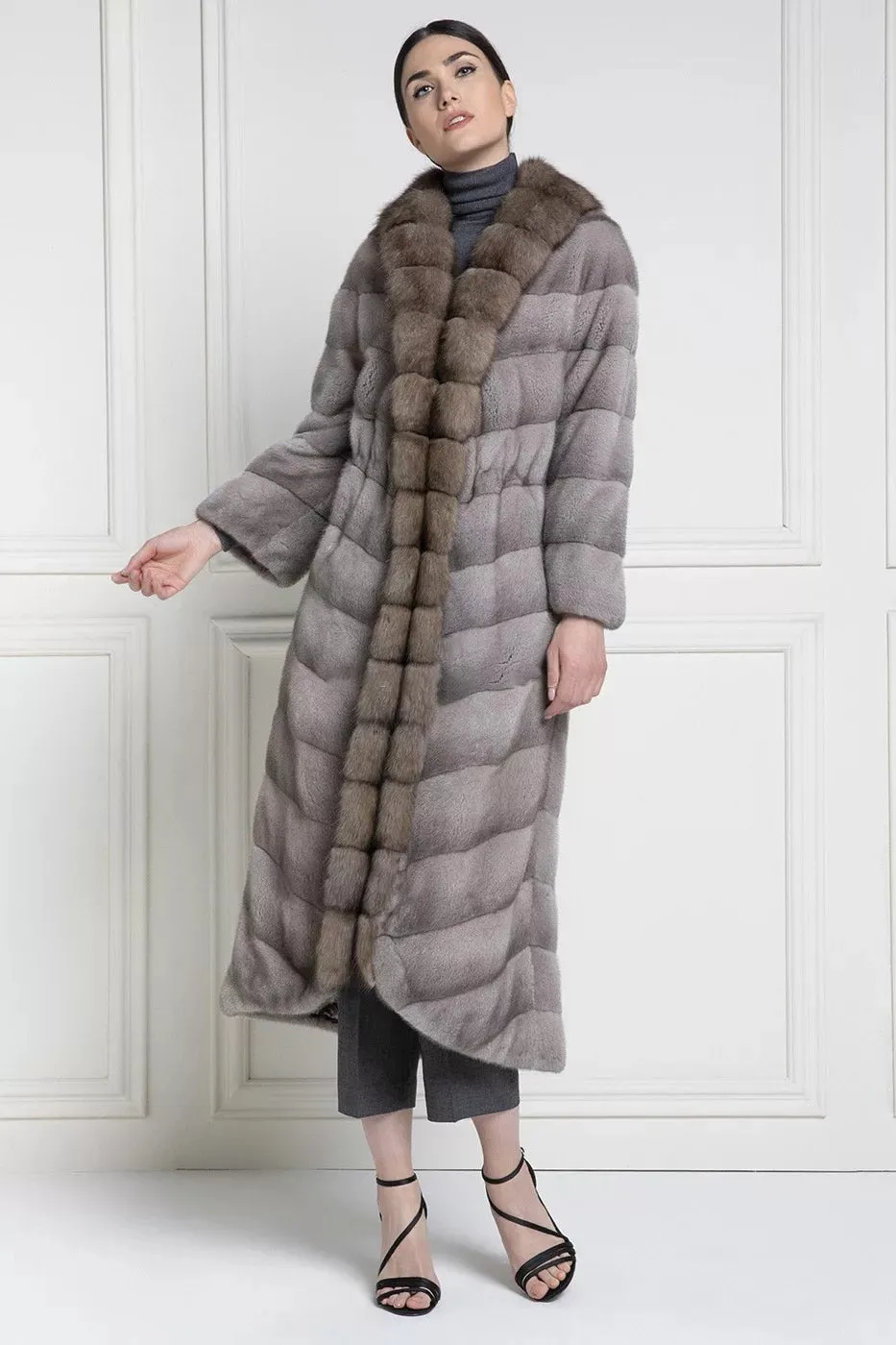 Genuine Mink Fur Long Sable Fur Collar Dark Grey Coat