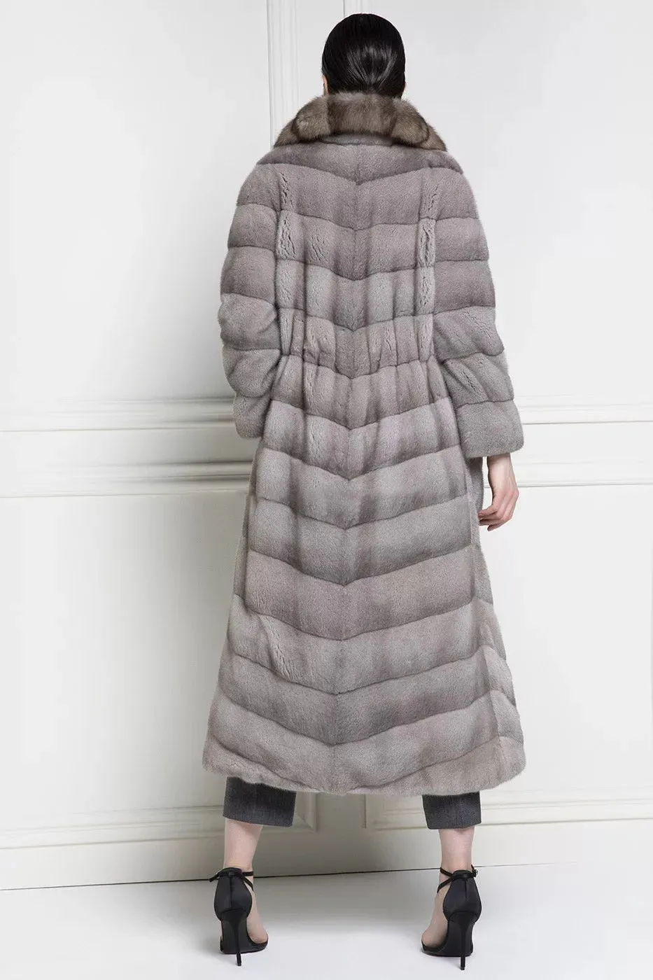 Genuine Mink Fur Long Sable Fur Collar Dark Grey Coat