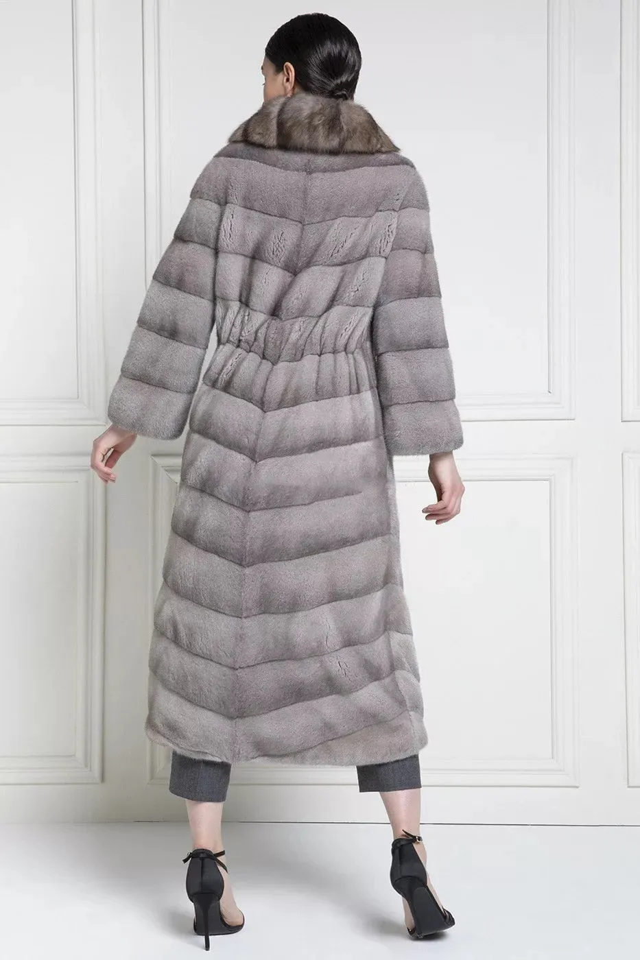 Genuine Mink Fur Long Sable Fur Collar Dark Grey Coat