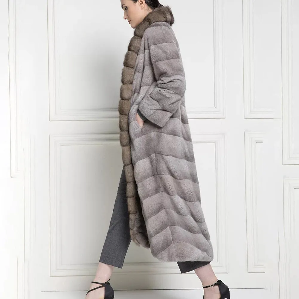 Genuine Mink Fur Long Sable Fur Collar Dark Grey Coat