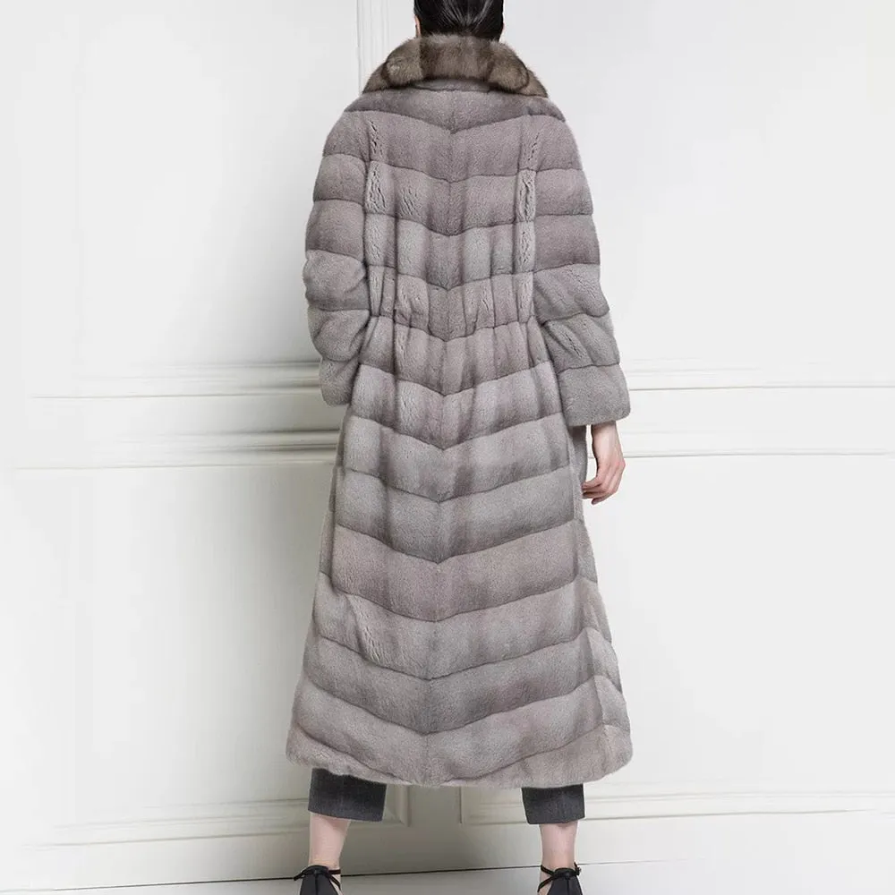 Genuine Mink Fur Long Sable Fur Collar Dark Grey Coat