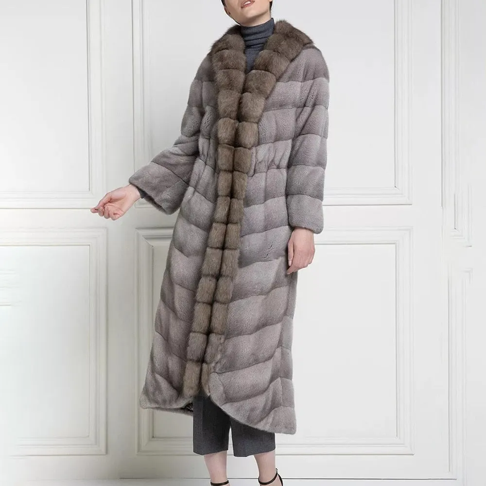 Genuine Mink Fur Long Sable Fur Collar Dark Grey Coat