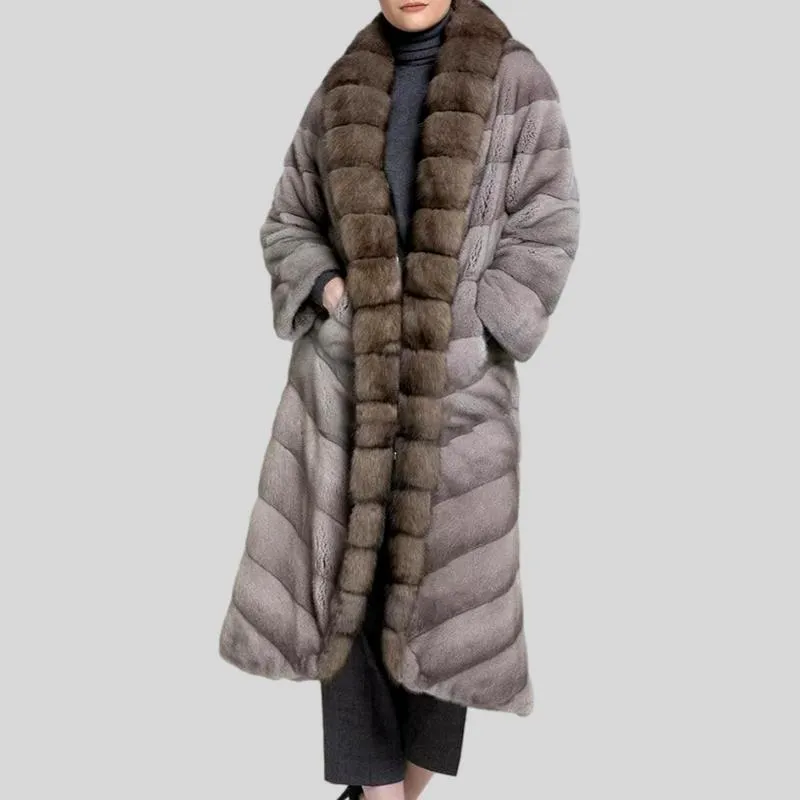 Genuine Mink Fur Long Sable Fur Collar Dark Grey Coat