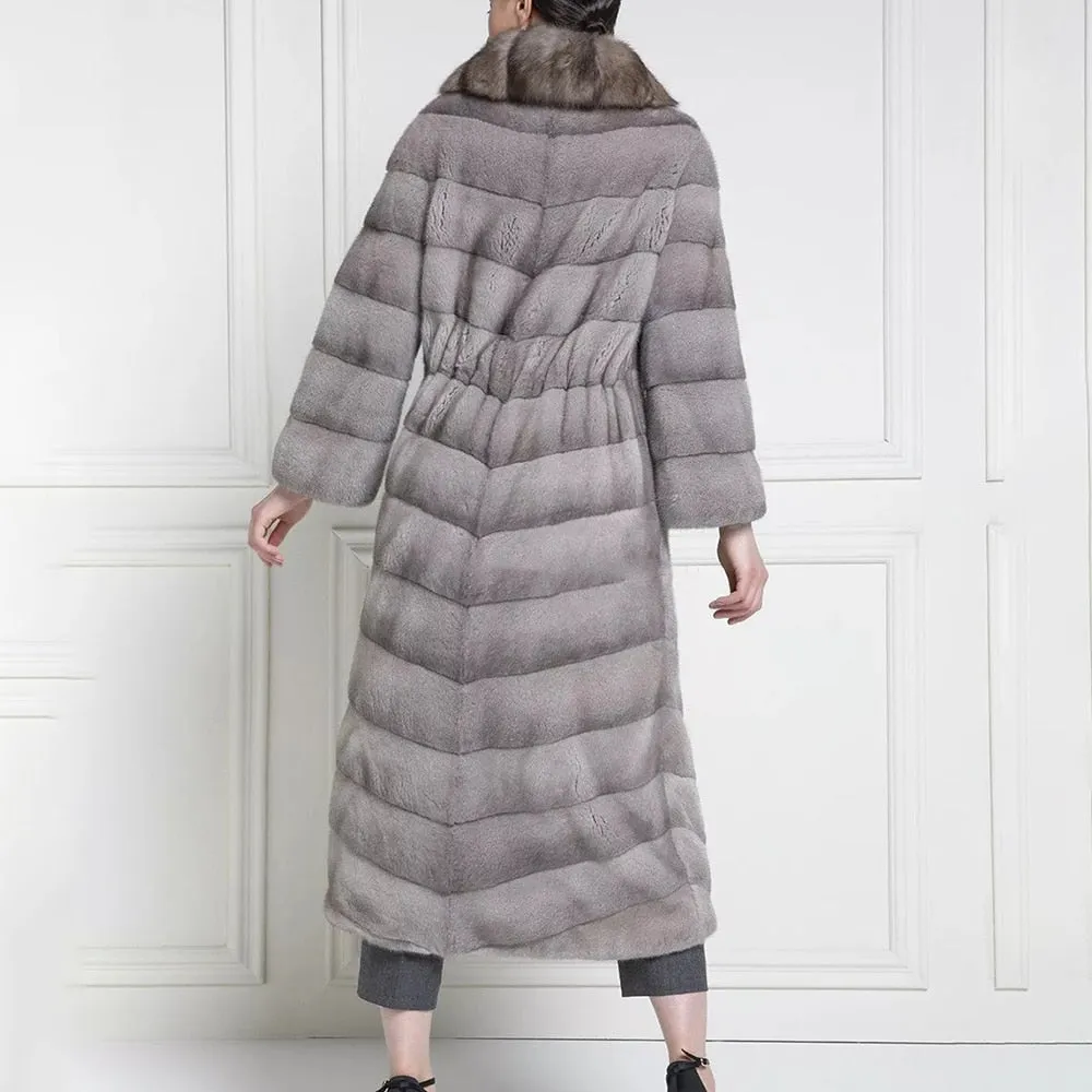 Genuine Mink Fur Long Sable Fur Collar Dark Grey Coat