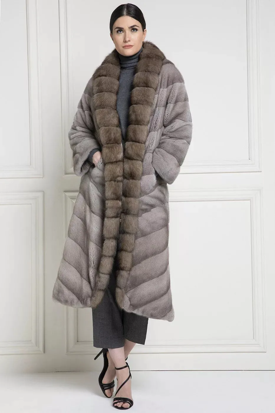 Genuine Mink Fur Long Sable Fur Collar Dark Grey Coat