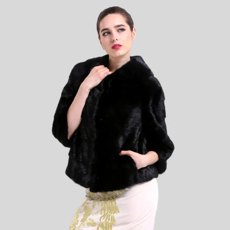 Genuine Mink Fur With Pocket Solid Black Jacket