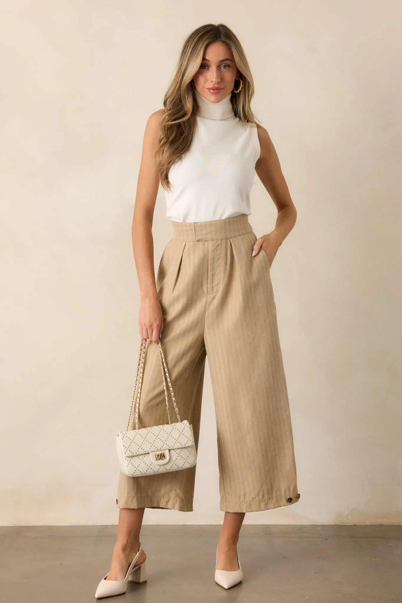 Get With It Almond Pinstripe Cropped Wide Leg Pants