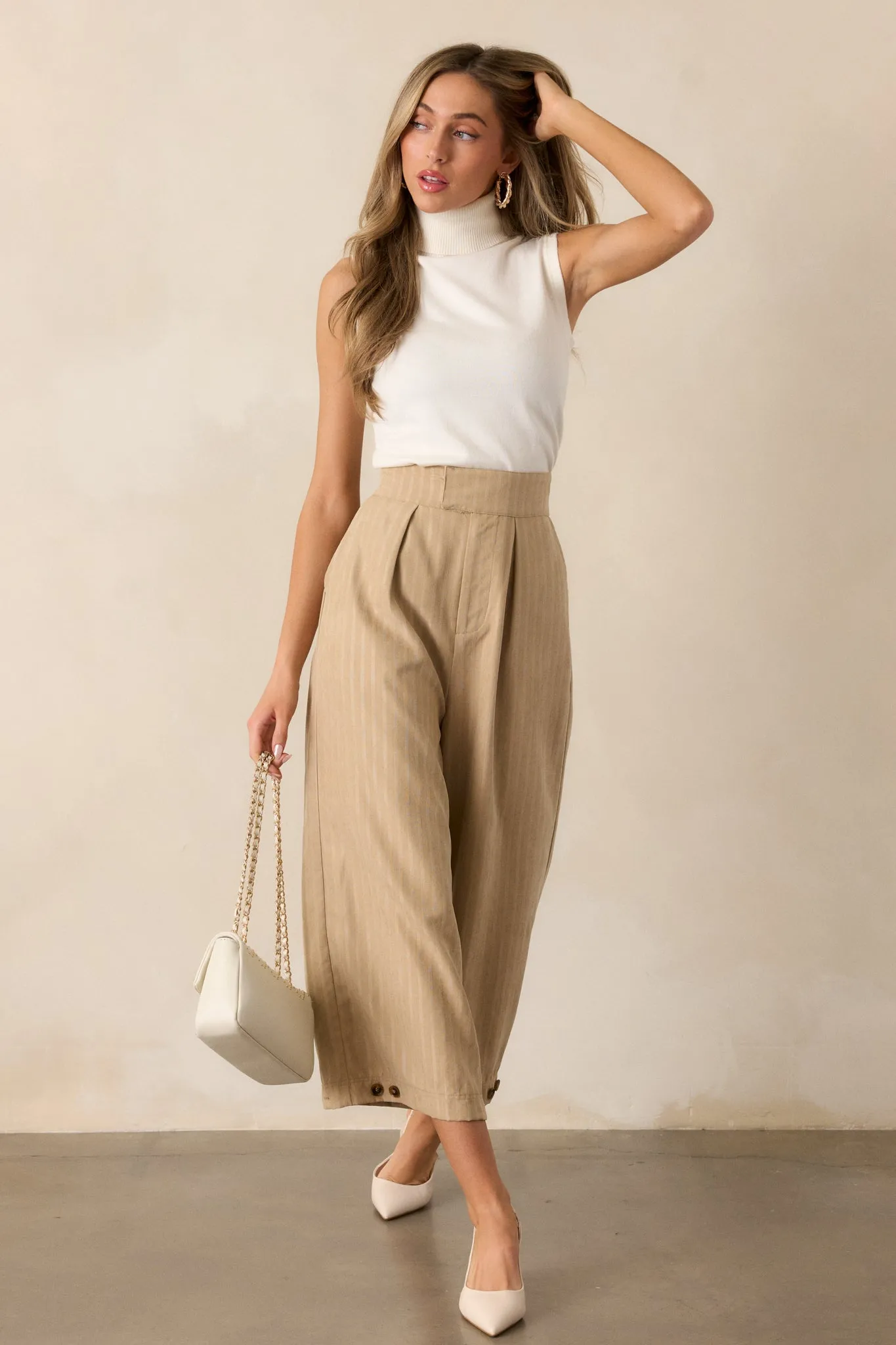 Get With It Almond Pinstripe Cropped Wide Leg Pants